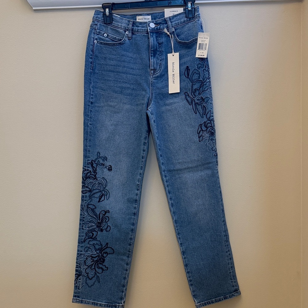 Nicole Miller Blue Straight Leg Jeans with Floral Design